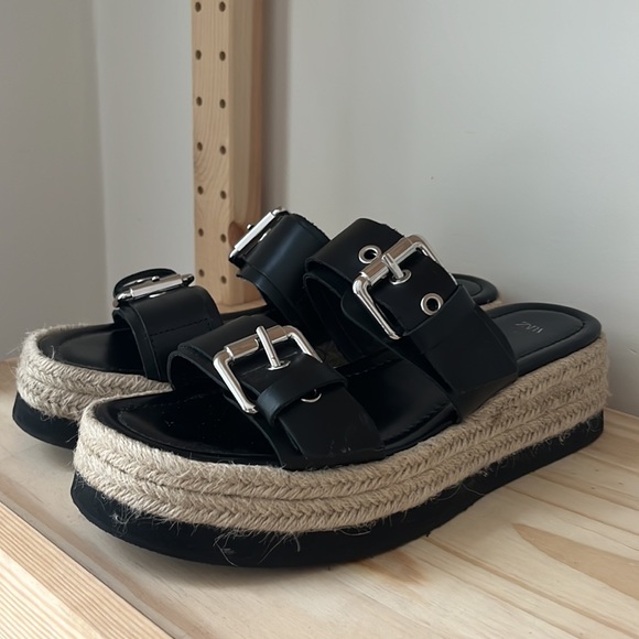 Zara (VGUC) | Black Leather Wedges Slip Sandals with Buckle and Platform - Picture 7 of 16